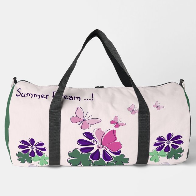 Rosa Grüne Lila Blume Schmetterlinge Doodle Slogan Duffle Bag (Vorderseite)