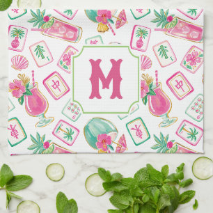 Rosa & Grüne Palm Beach Mahjong & Mixers Monogramm Geschirrtuch