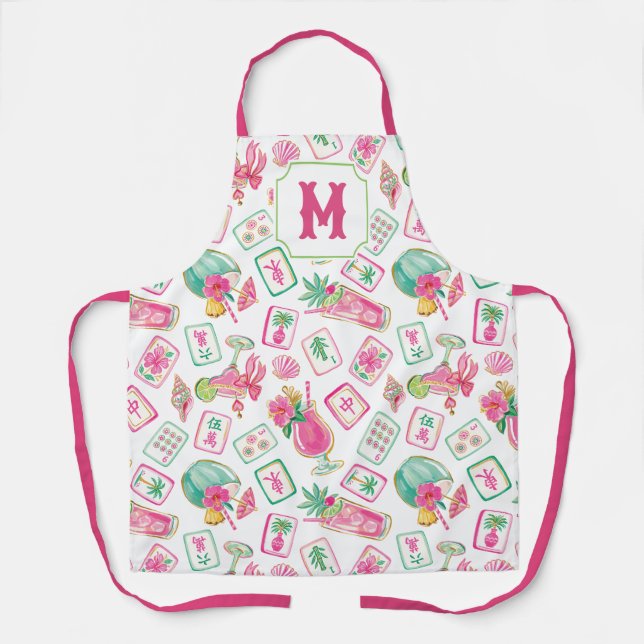 Rosa & Grüne Palm Beach Mahjong & Mixers Monogramm Schürze (Vorderseite)