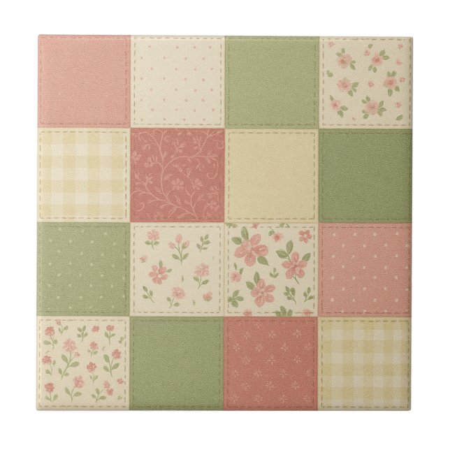 Rosa-grüne Patchwork-Quiltdecke Rustikales Farmhau Fliese (Vorderseite)