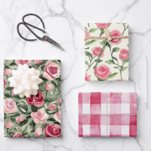 Rosa grüne Rose Blumengeburt Geschenkpapier Set
