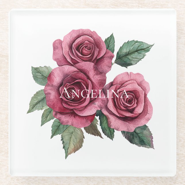 Rosa grüne Rose Glasuntersetzer (Vorderseite)