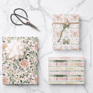 Rosa Grüne Schmetterlinge Blumen Streifen Geburtst Geschenkpapier Set