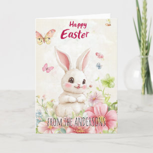 Rosa grüne Schmetterlinge und süße Hasen Feiertagskarte