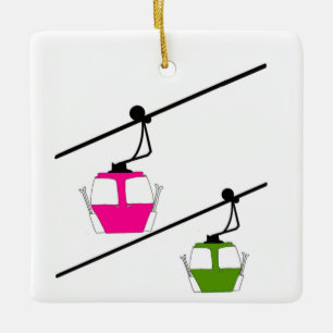 Rosa & grüne Skigondeln Keramikornament