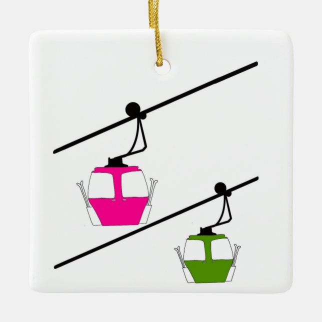 Rosa & grüne Skigondeln Keramikornament (Vorderseite)