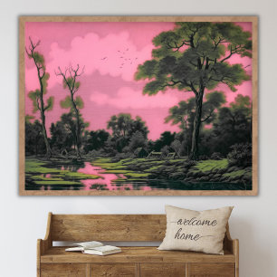 Rosa & Grüne Surrealistische Landschaft Vintage Öl Poster