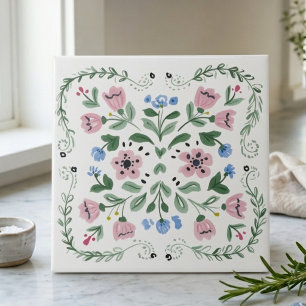 Rosa, grüne und blaue volkstümliche Blumendekorati Fliese