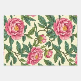 Rosa, grüne und gelbe Chinoiserie Blumen Geschenkpapier Set