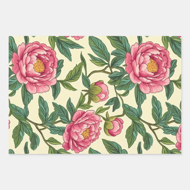 Rosa, grüne und gelbe Chinoiserie Blumen Geschenkpapier Set (Vorderseite)