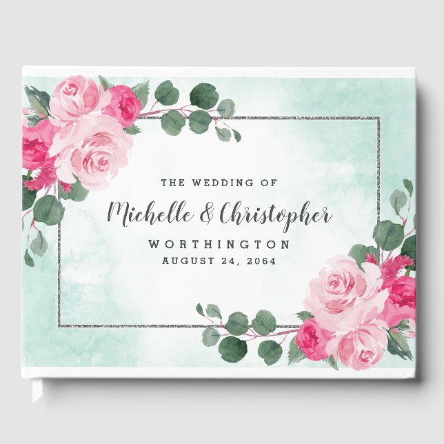 Rosa Grüne und Silberfarben Blumenzehen Gästebuch (Vorderseite)