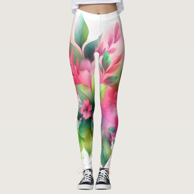 Rosa grüne Wasserfarbe Botanical Blüte Leggings (Vorderseite)