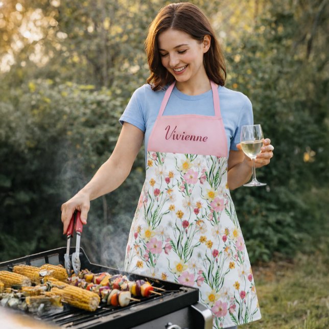 Rosa grüne Wasserfarbe Wildblume Benutzername Schürze (Pink Green Watercolor Wildflower Custom Name Apron)