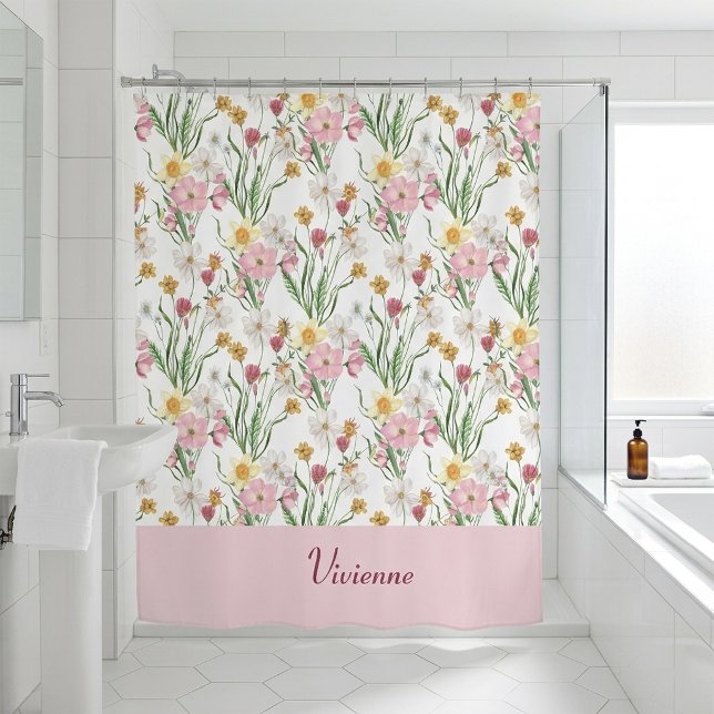 Rosa grüne Wasserfarbe Wildblumen-Monogramm Duschvorhang (Pink Green Watercolor Wildflower Monogram Shower Curtain)