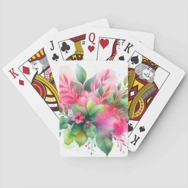Rosa Grüne Wasserfarben-Botanik-Blüte Spielkarten (Rückseite)