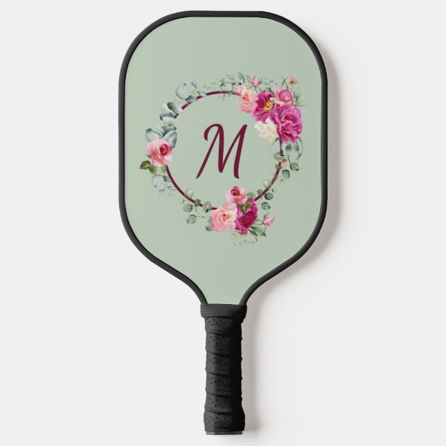 Rosa + Grüne Wasserfarbenmonogramm Pickleball Schläger (Vorderseite)