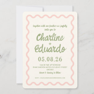 Rosa grüne, wavy Border Pastel Hochzeit Einladung