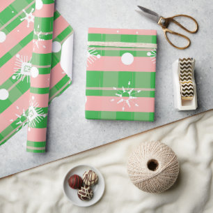 Rosa Grüne Weihnachten Kariert Schneeflocken Geschenkpapier
