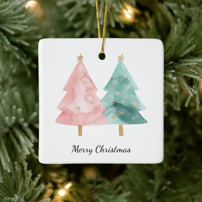 Rosa Grüne Weihnachtsbäume Keramikornament (Baum)