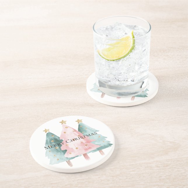 Rosa Grüne Weihnachtsbaumen Gold Stars Getränkeuntersetzer (Seite)