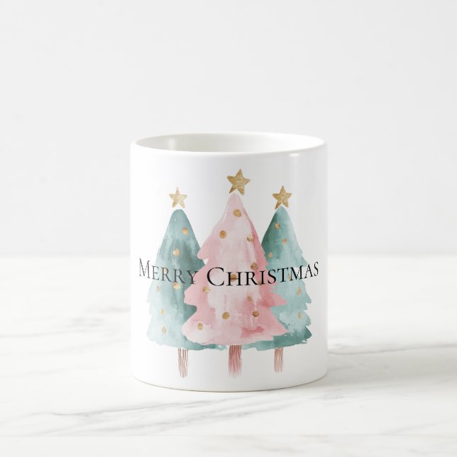 Rosa Grüne Weihnachtsbaumen Gold Stars Kaffeetasse (Mittel)