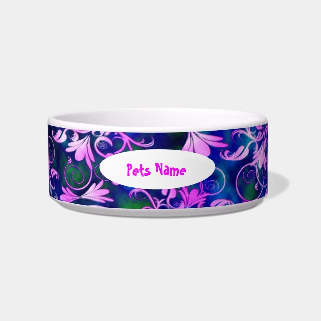 Rosa grüne weiße blaue Damast-Haustier-Schüssel Napf (Vorderseite)