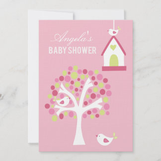 Rosa grüne weiße Vögel & Bäume Babydusche laden ei Einladung