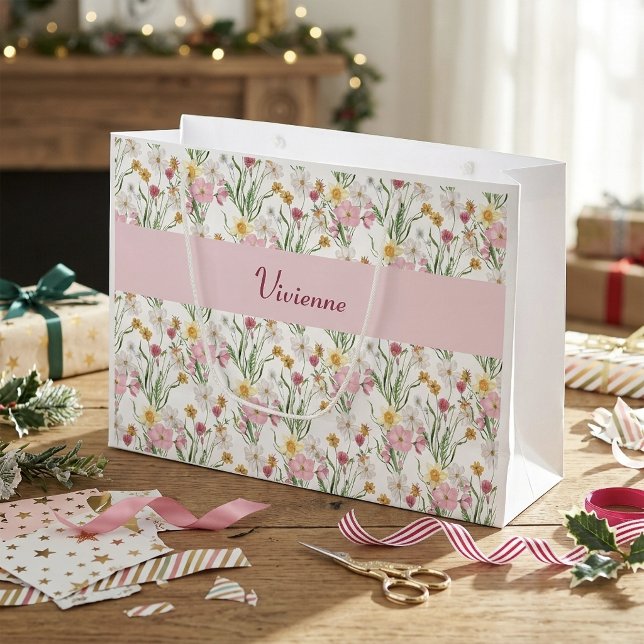 Rosa grüne Wildblumen-Wasserfarbe-Monogramm-Name Große Geschenktüte (Pink Green Wildflower Watercolor Monogram Name Large Gift Bag)