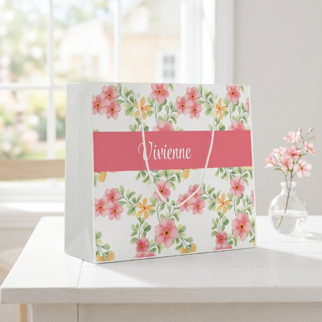 Rosa grüne Wildblumen-Wasserfarbe-Monogramm-Name Große Geschenktüte (Pink Green Wildflower Watercolor Monogram Name Large Gift Bag)
