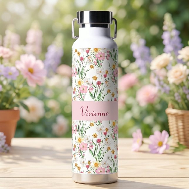Rosa grüne Wildblumen-Wasserfarbe-Monogramm-Name Trinkflasche (Pink Green Wildflower Watercolor Monogram Name Water Bottle)