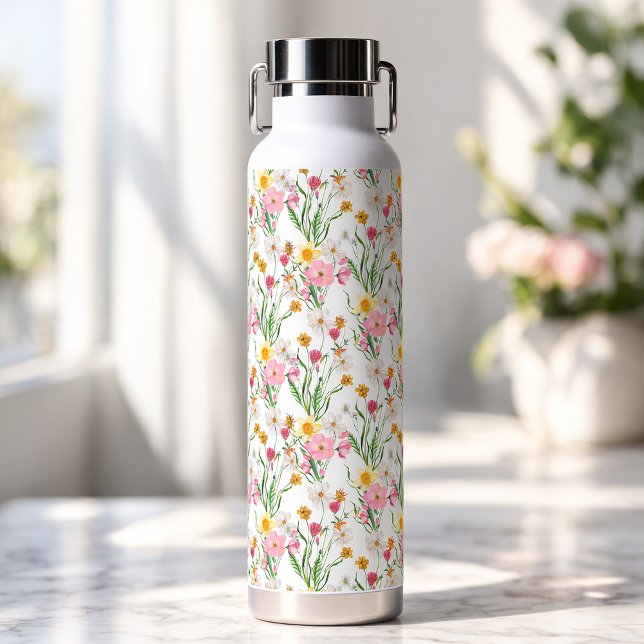 Rosa grüne Wildblumen-Wasserfarbe Trinkflasche (Pink Green Watercolor Wildflower Floral Water Bottle)