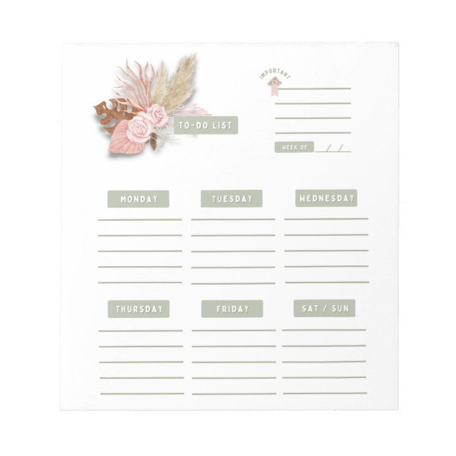 Rosa grüner Floral Boho Weekly Planer Organisator Notizblock (Vorderseite)