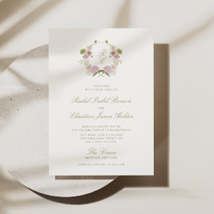 Rosa Grüner Floraler Monogramm-Wappen Hochzeit Einladung