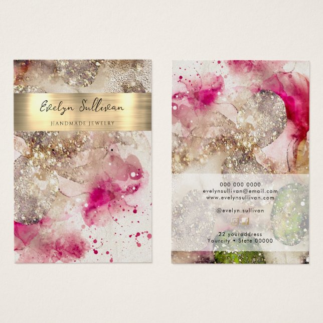 Rosa grüner Glitzer Aquarellschmuckkarte (Vorne & Hinten)