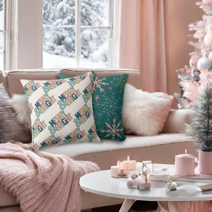 Rosa grüner Glitzer Merry & Bright Schneeflocken Kissen