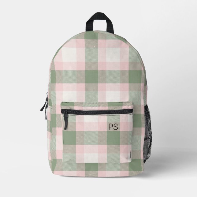 Rosa-grüner Karo Kariert-Monogramm-Initialen Bedruckter Rucksack (Vorderseite)