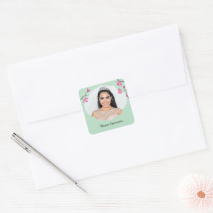 Rosa, grüner Kirschblossom Quinceanera-Foto Quadratischer Aufkleber