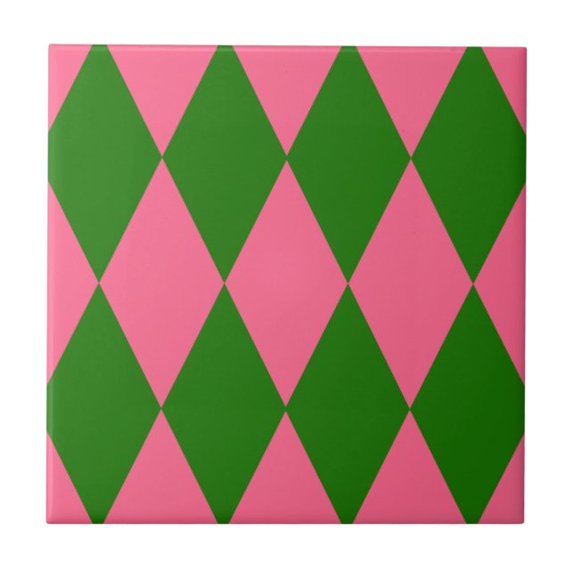 Rosa grünes Harlekin-Karo-Design Fliese (Vorderseite)