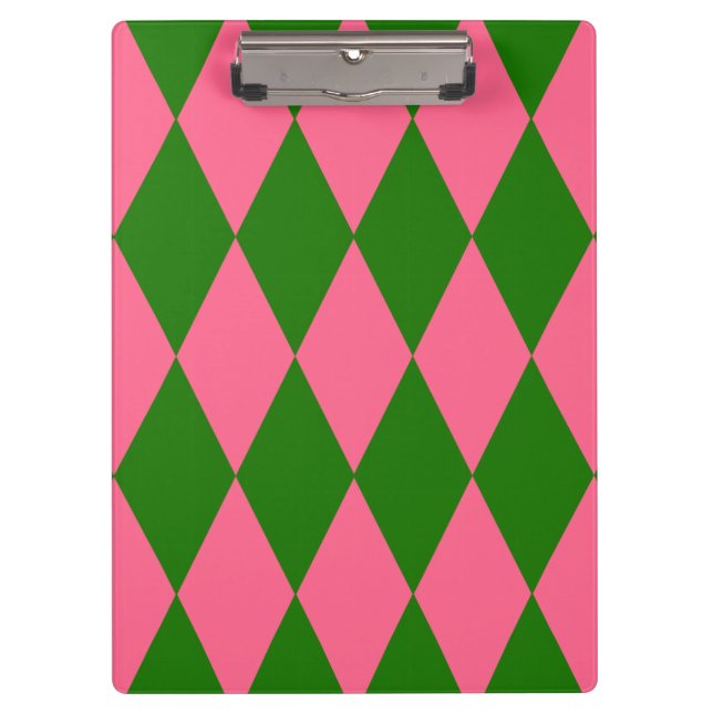 Rosa grünes Harlekin-Karo-Design Klemmbrett (Vorderseite)