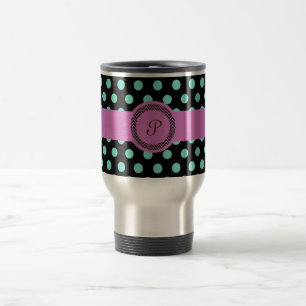 Rosa grünes Monogramm-Punktschwarzes Reisebecher