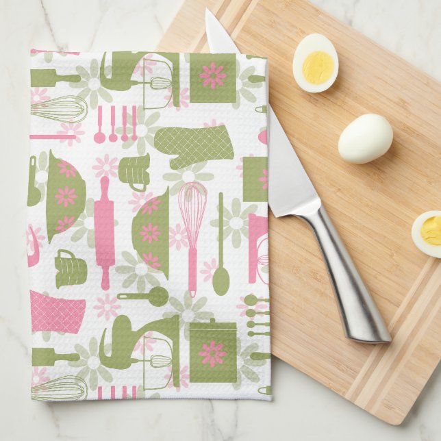 Rosa grünes Retro-Backen Geschirrtuch (Viertel Falte)