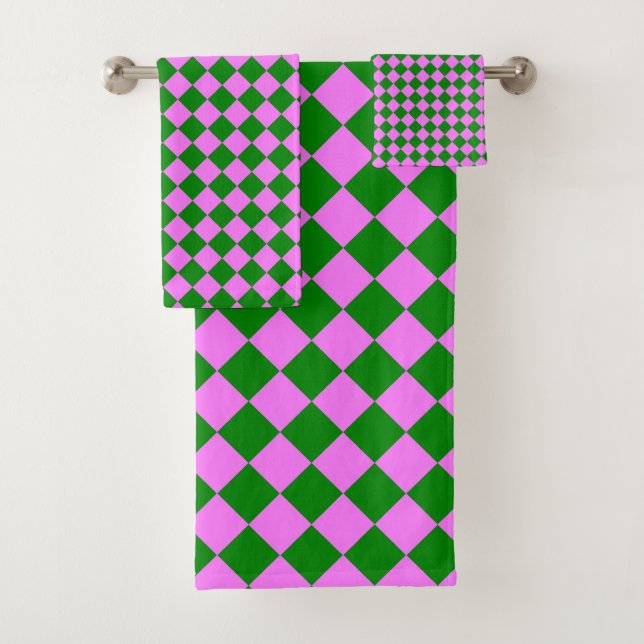 Rosa grünes Schachbrett Diamantmuster Badhandtuch Set (Insitu)