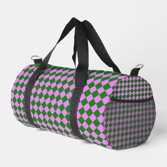 Rosa grünes Schachbrett Diamantmuster Duffle Bag (Rechte Ecke)