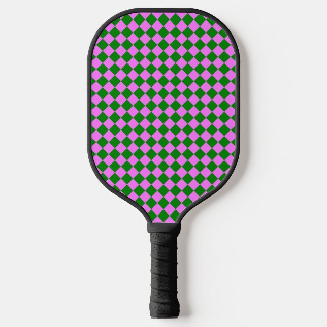 Rosa grünes Schachbrett Diamantmuster Pickleball Schläger (Vorderseite)