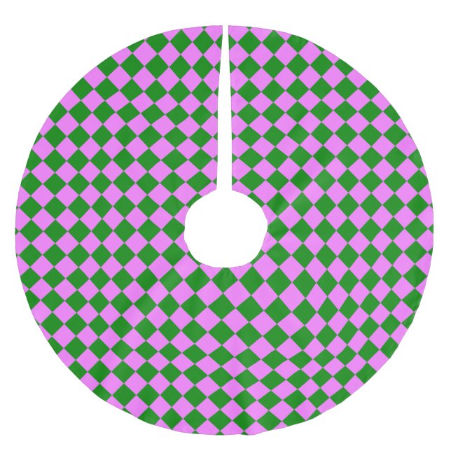 Rosa grünes Schachbrett Diamantmuster Polyester Weihnachtsbaumdecke (Vorderseite)