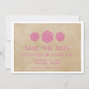 Rosa Grunge D20-Würfel-Gamer Save-the-Date-Einladu Save The Date