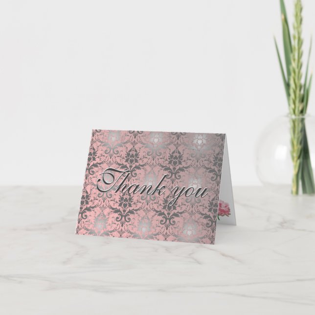Rosa Grunge Damask Danke Note Card (Vorderseite)