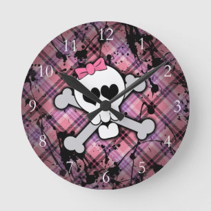 Rosa Grunge Schädel mit Crossbones Herz Runde Wanduhr