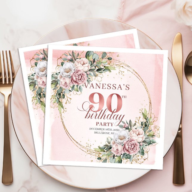 Rosa Grünpflanzen Blumen 90. Geburtstagsfeier   Serviette (Blush Pink Greenery Floral 90th Birthday Party Napkins)