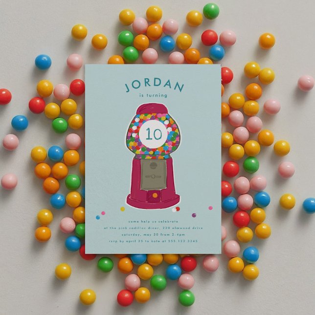 Rosa Gumball Machine Bonbons Kaugummi Geburtstag Einladung (Pink retro gumball candy machine kids mint blue birthday party invitation.)